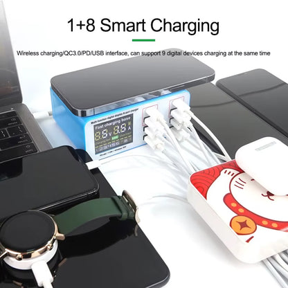 Relife RL-304S QI töltőállomás, 110W, 3A, 2 x USB-C - 6 x USB-A, Kék