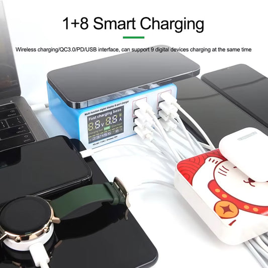 Relife RL-304S QI töltőállomás, 110W, 3A, 2 x USB-C - 6 x USB-A, Kék