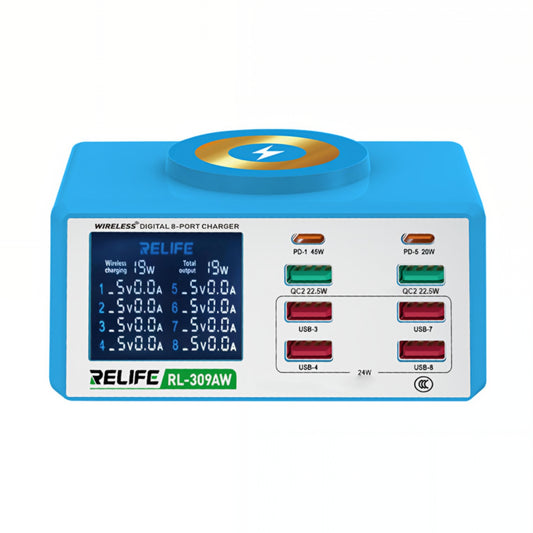 Relife RL-309AW töltőállomás, 100W, 5A, 2 x USB-C - 6 x USB-A, Kék