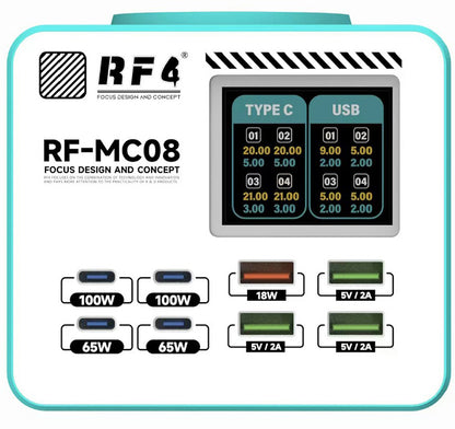 RF4 RF-MC08 állomás töltő, 150W, 5A, 4 x USB-A - 4 x USB-C, Türkiz