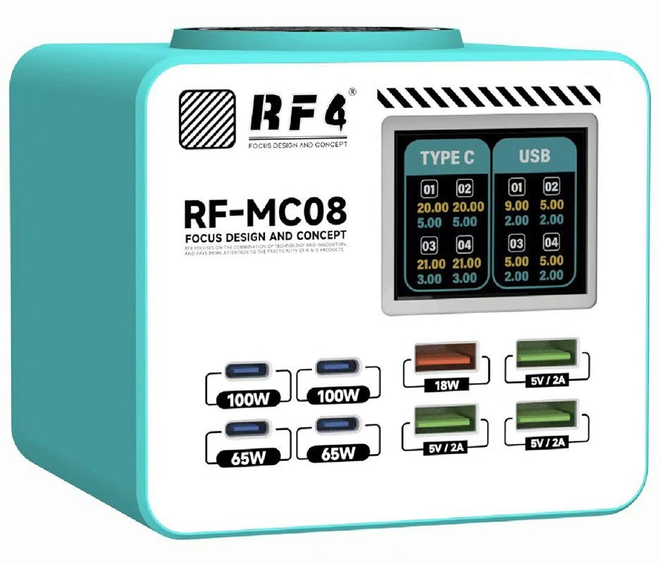 RF4 RF-MC08 állomás töltő, 150W, 5A, 4 x USB-A - 4 x USB-C, Türkiz
