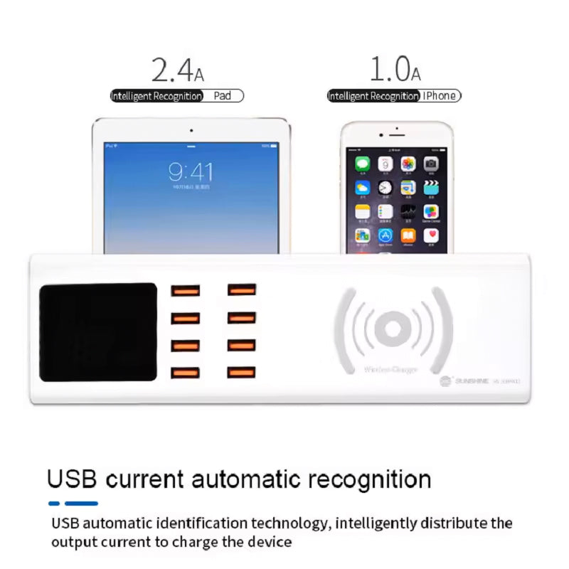 Sunshine SS-309WD QI töltőállomás, 40W, 2.4A, 8 x USB-A, Fehér
