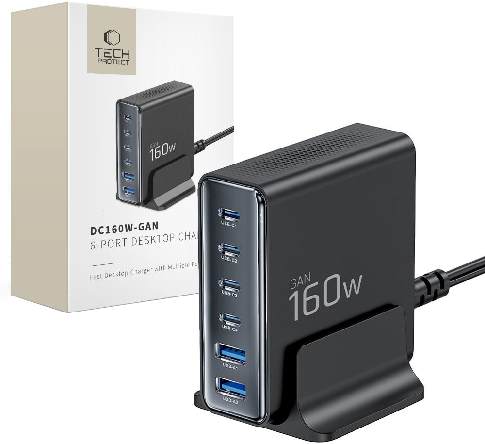 Tech-Protect DC160W-GAN Charging Station, 160W, 5A, 2 x USB-A - 4 x USB-C, Black