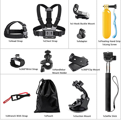 Techsuit SA15 sportkamera kiegészítőkészlet GoPro / SJCAM sorozathoz, 15 az 1-ben, fekete