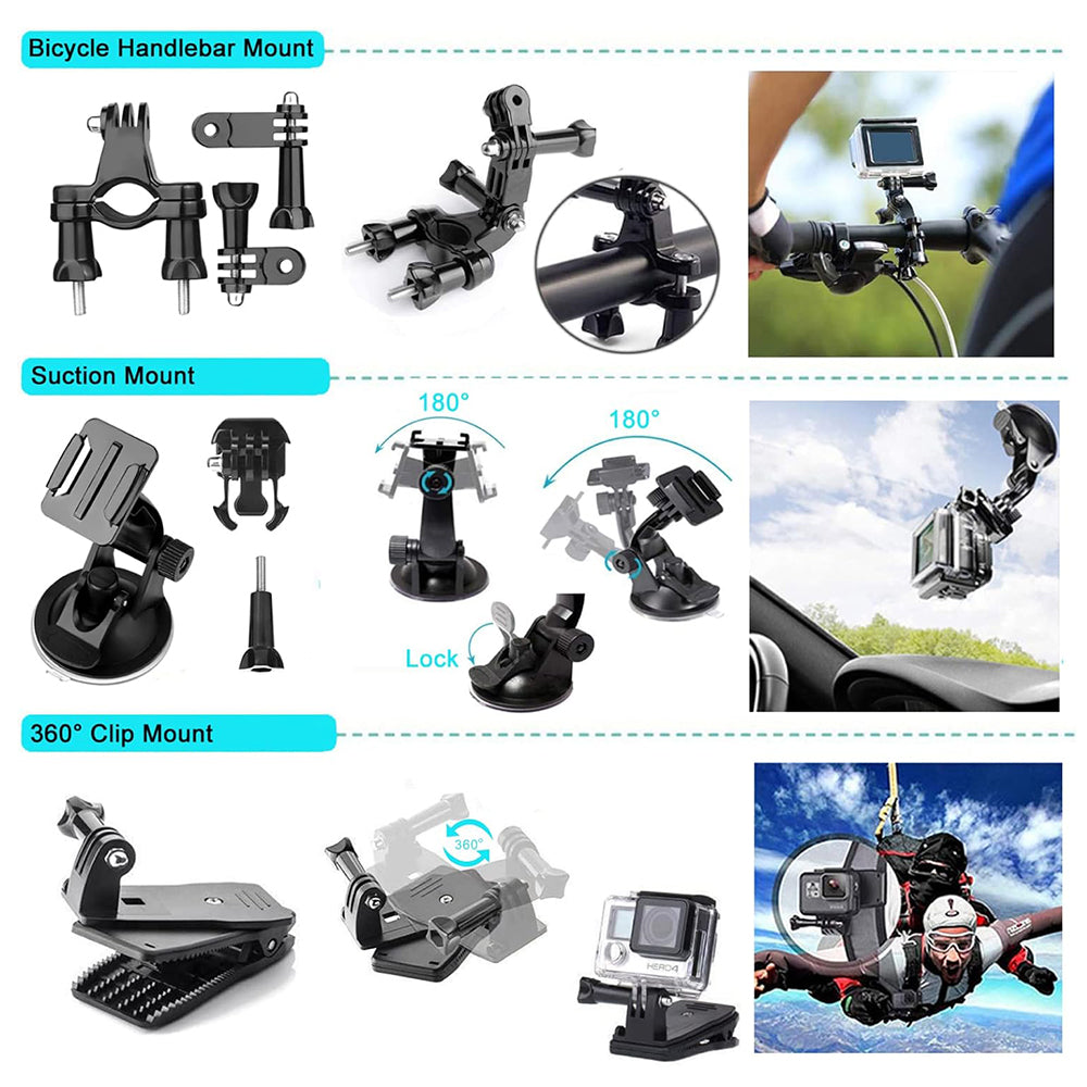 Techsuit SA50 sportkamera kiegészítő készlet GoPro / SJCAM sorozathoz, 50 az 1-ben, fekete