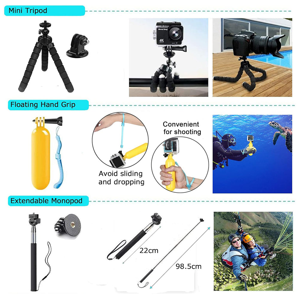 Techsuit SA50 sportkamera kiegészítő készlet GoPro / SJCAM sorozathoz, 50 az 1-ben, fekete