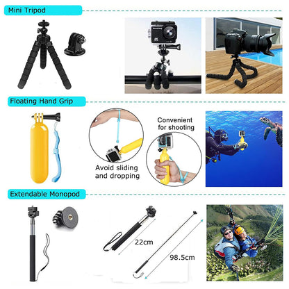 Techsuit SA50 sportkamera kiegészítő készlet GoPro / SJCAM sorozathoz, 50 az 1-ben, fekete