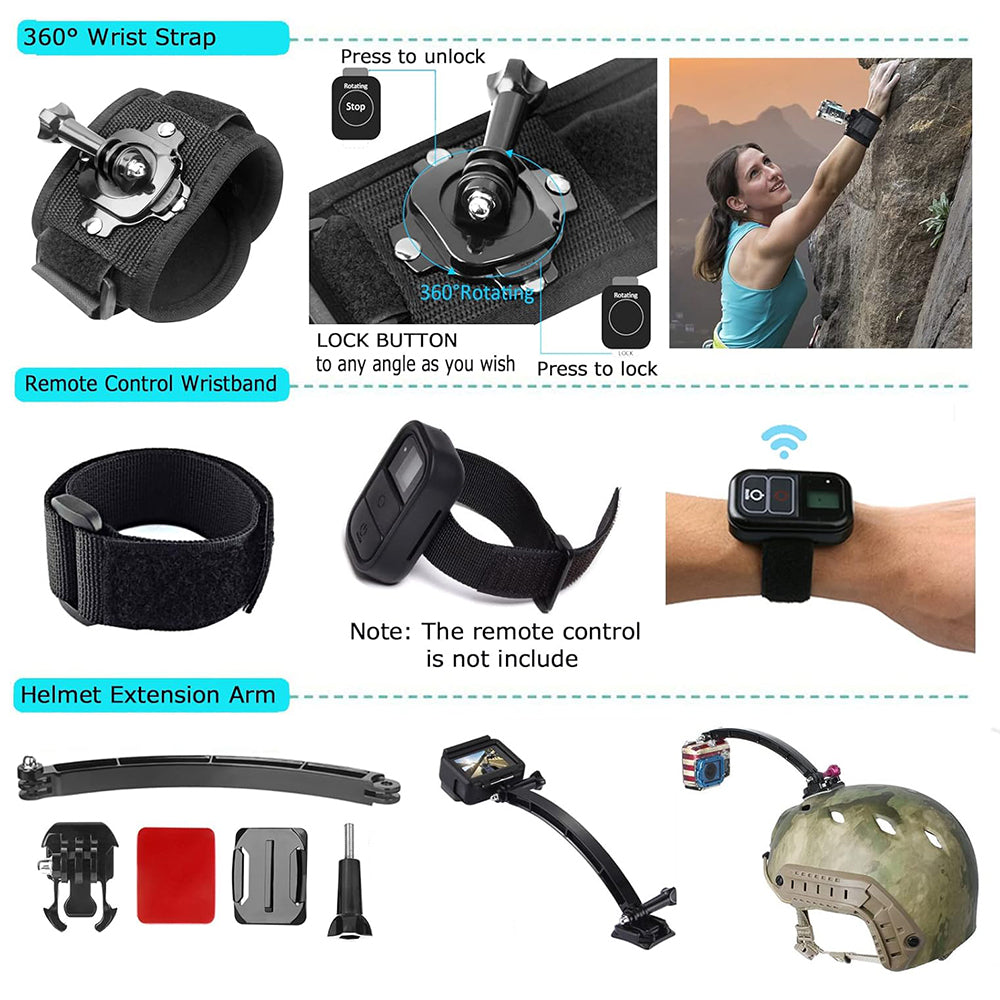 Techsuit SA50 sportkamera kiegészítő készlet GoPro / SJCAM sorozathoz, 50 az 1-ben, fekete