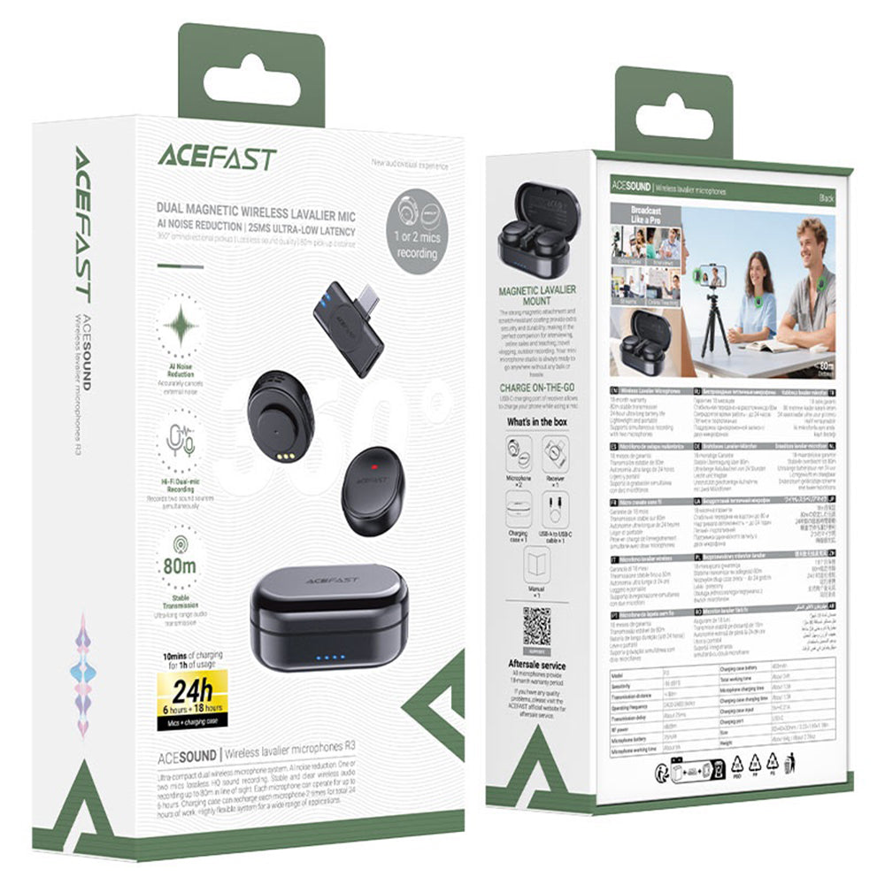 Acefast R3 lavalier mikrofon, USB-C, 2 darabos készlet, Fekete