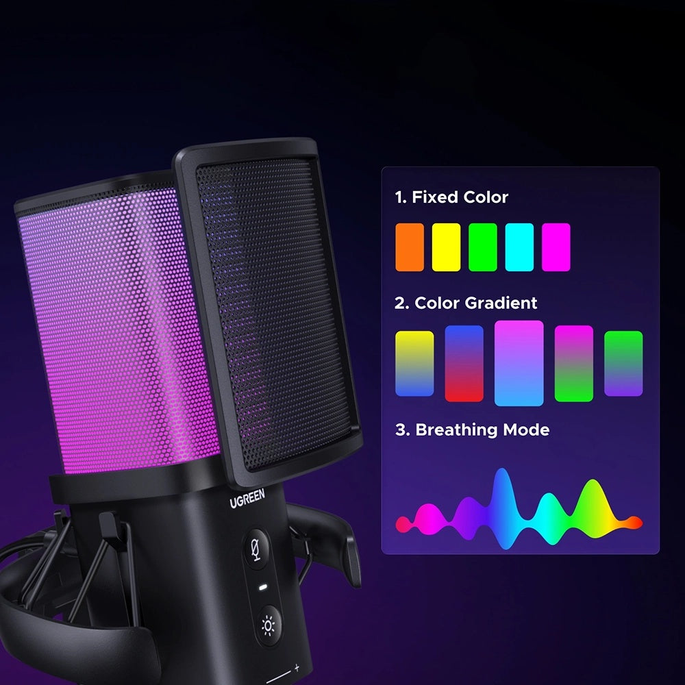 UGREEN CM581 (65629) kardioid mikrofon, RGB, USB-C, 1.5m, Fekete