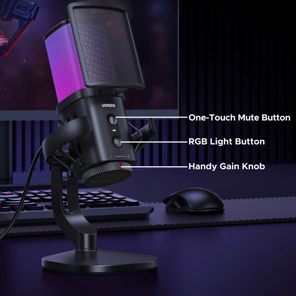 UGREEN CM581 (65629) kardioid mikrofon, RGB, USB-C, 1.5m, Fekete