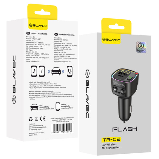 FM Bluetooth modulátor Blavec Flash TR-02, 1 x USB-A - 1 x USB-C