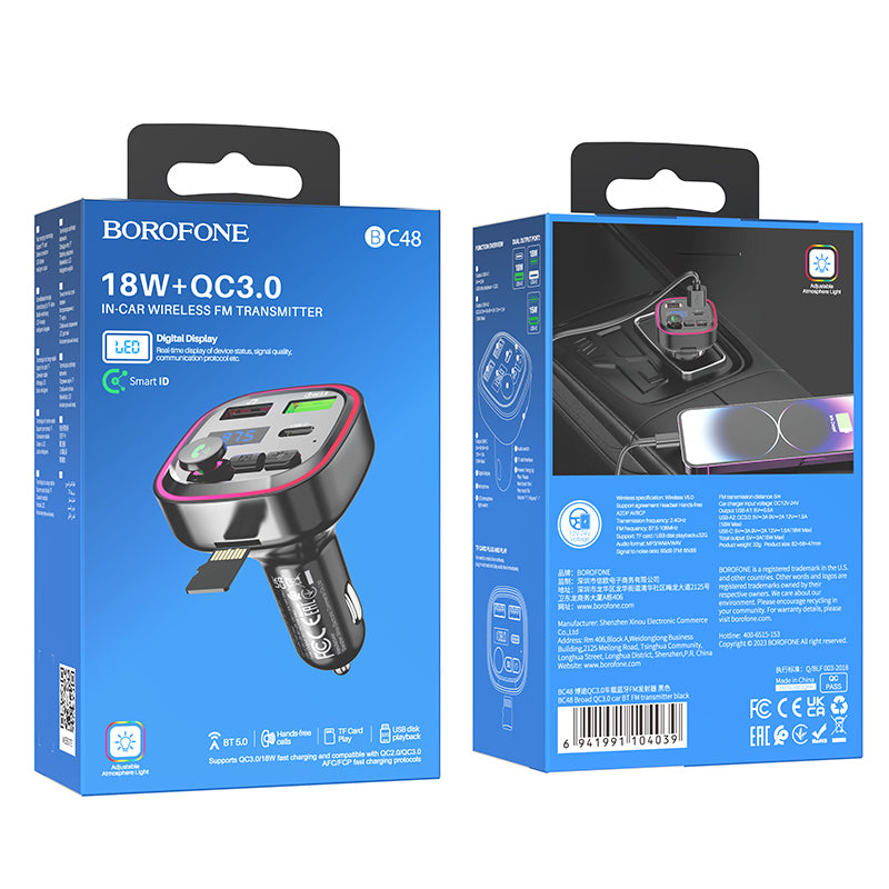 FM Bluetooth modulátor Borofone BC48, 2 x USB-A - 1 x USB-C