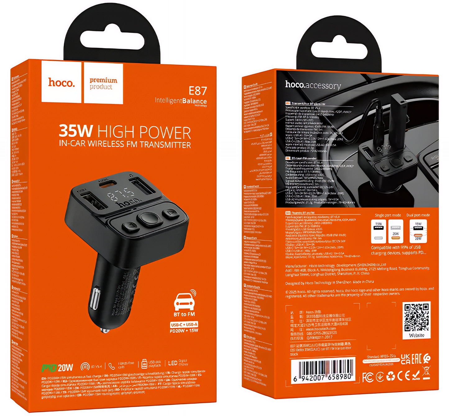 FM Bluetooth modulátor HOCO E87, 2 x USB-A - 1 x USB-C