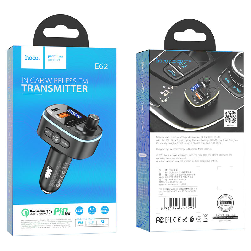 HOCO E62 Fast Bluetooth FM Modulator, 2 x USB-A - 1 x USB-C