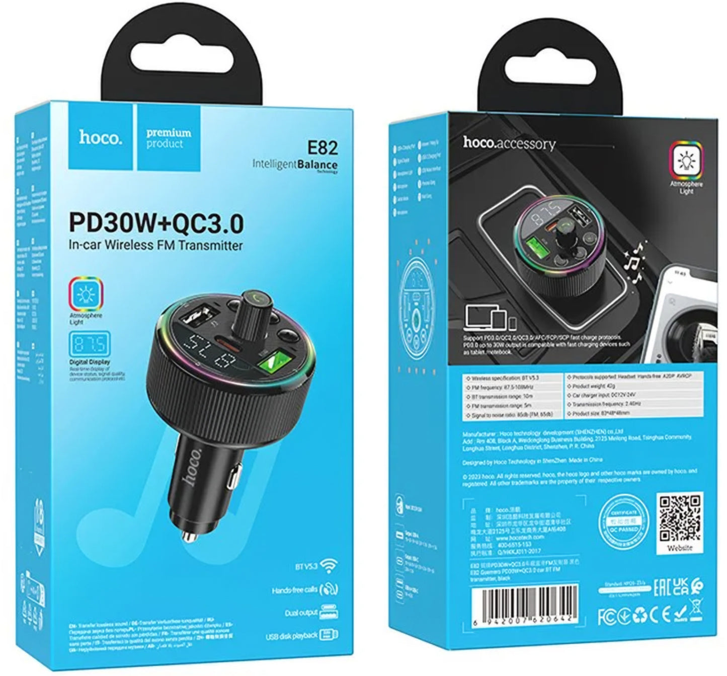 HOCO E82 Bluetooth FM modulátor, 2 x USB-A - 1 x USB-C