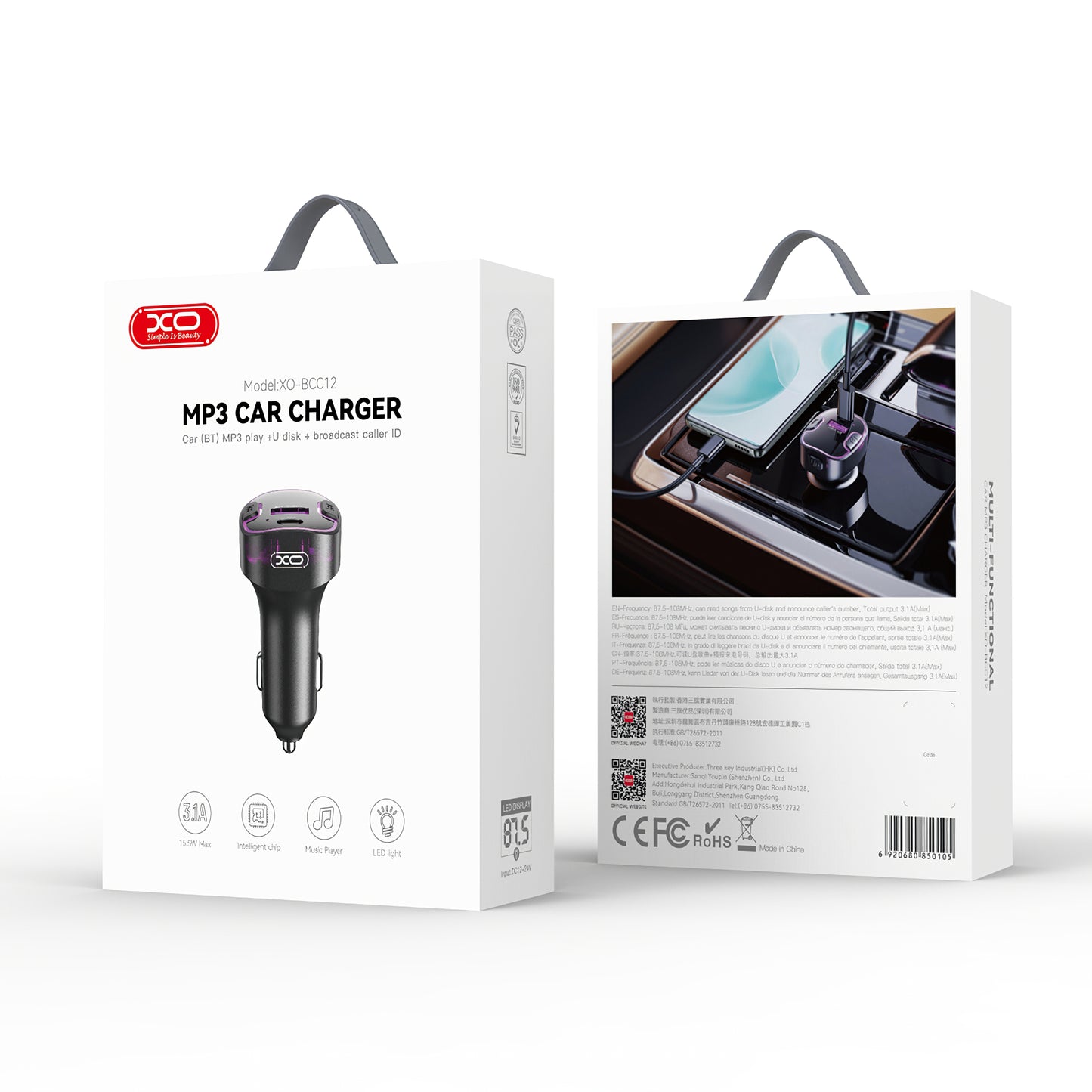 FM Bluetooth modulátor XO Design BCC12, 1 x USB-A - 1 x USB-C
