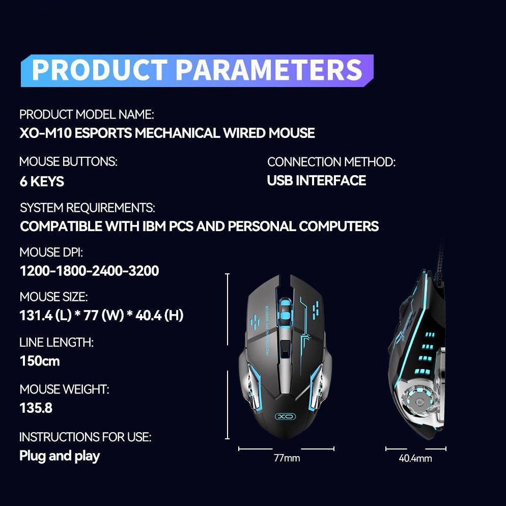 Vezetékes USB Gaming Egér XO Design M10, RGB, 3200DPI, Fekete