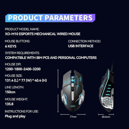 Vezetékes USB Gaming Egér XO Design M10, RGB, 3200DPI, Fekete