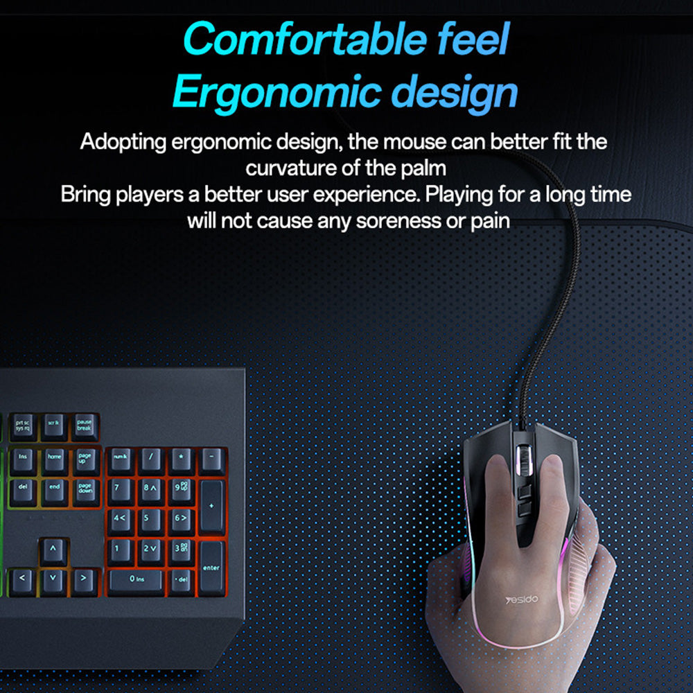 Gaming egér vezetékes USB Yesido KB20, RGB, 1000DPI - 7200DPI, Fekete
