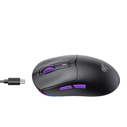 HAVIT MS969WB vezeték nélküli játékegér, RGB, 1000DPI - 16000DPI, BT / Wi-Fi / Vezetékes, Fekete