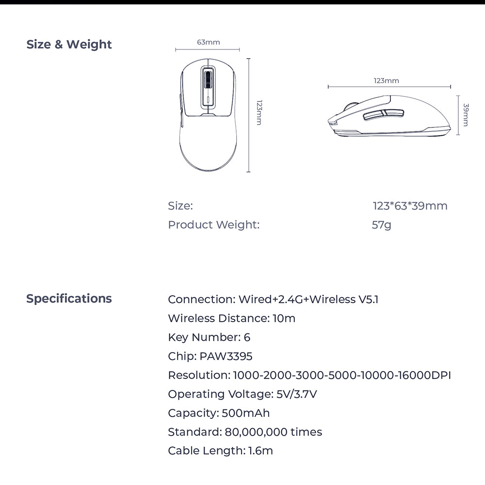 HAVIT MS969WB vezeték nélküli játékegér, RGB, 1000DPI - 16000DPI, BT / Wi-Fi / Vezetékes, Fekete