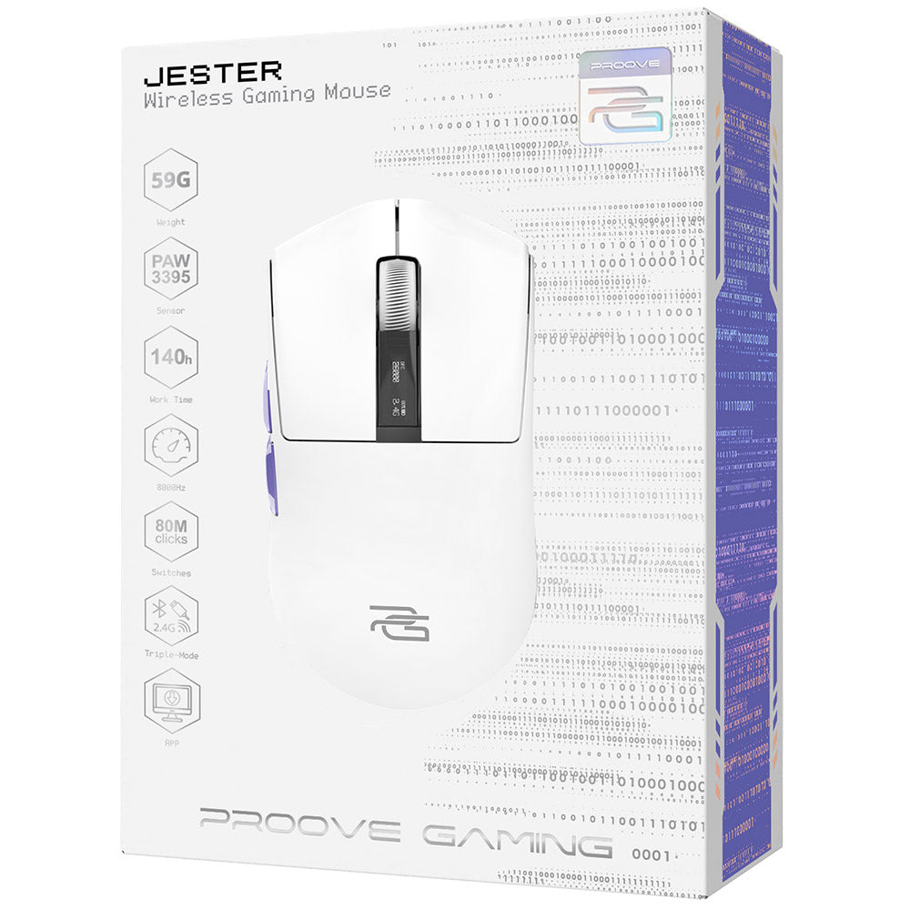 Proove Jester vezeték nélküli gaming egér, 800DPI - 26000DPI, OLED kijelző, Fehér WMJS00022002