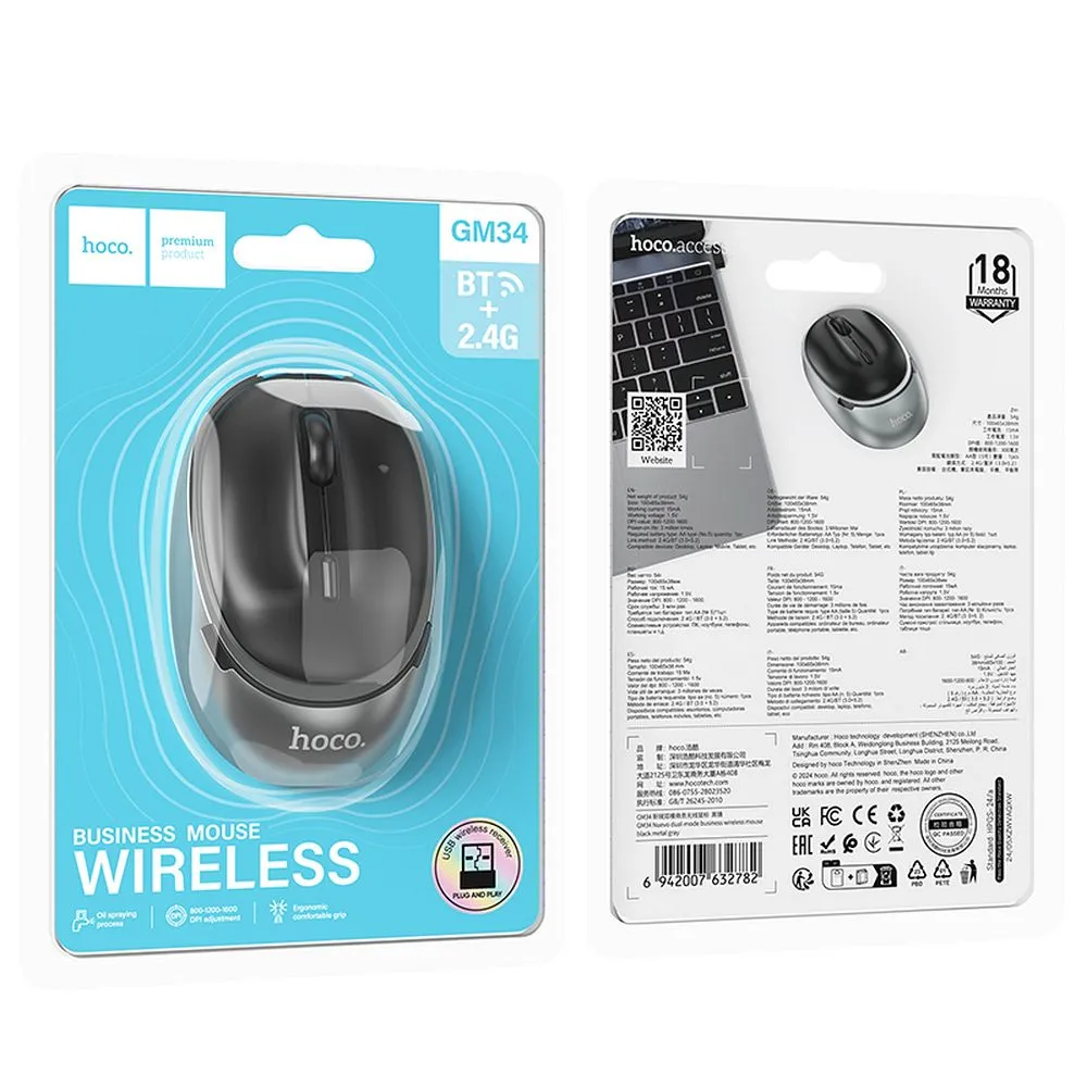 HOCO GM34 Wireless Mouse, 1600DPI, BT / Wi-Fi, Black