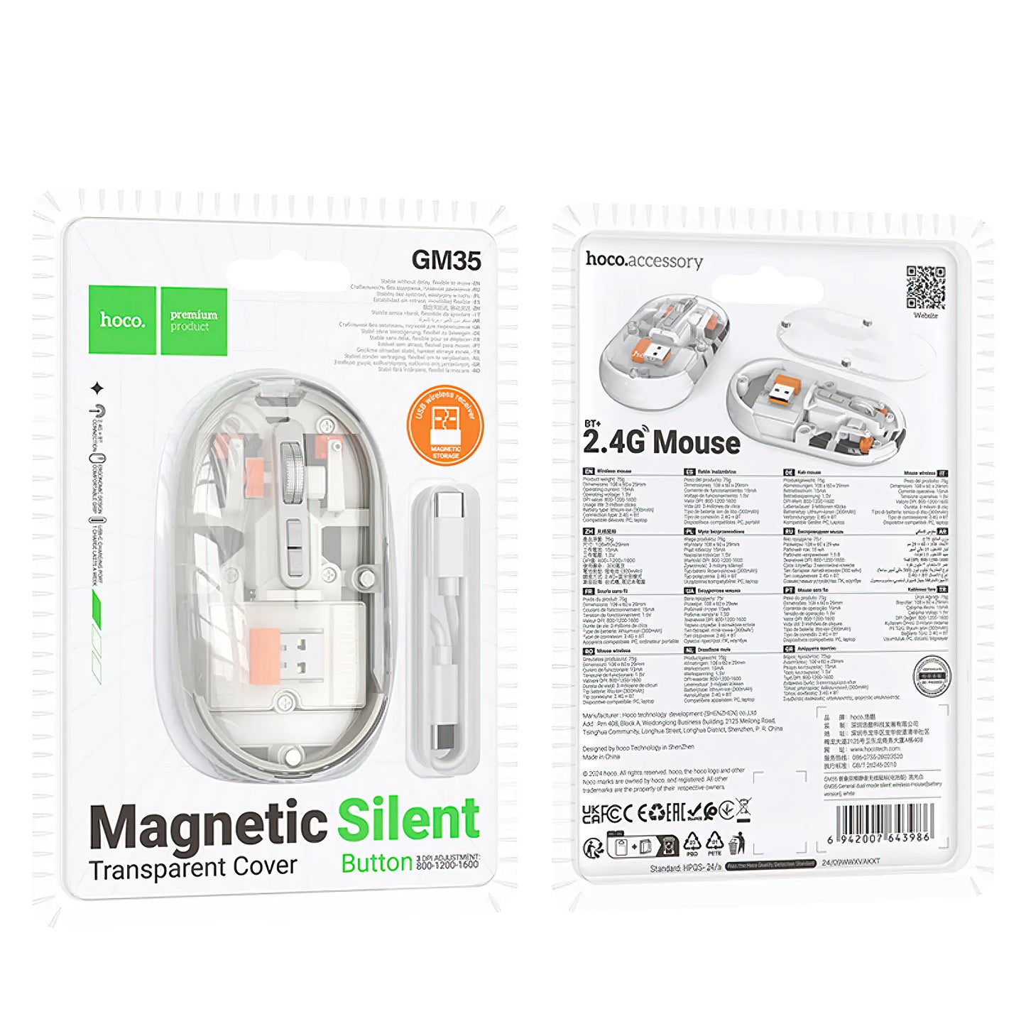 HOCO GM35 Wireless Mouse, 1600DPI, BT / Wi-Fi, White