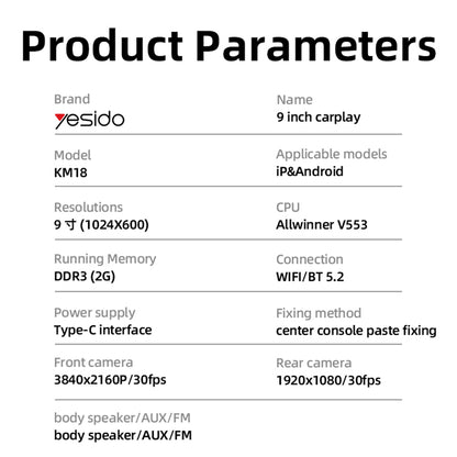 Yesido KM18 autónavigáció, Wi-Fi, 9 hüvelyk