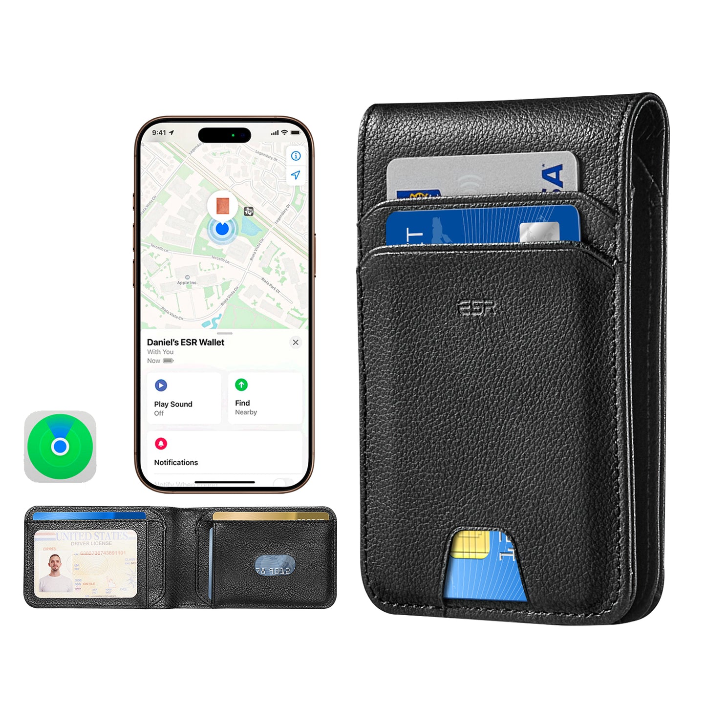ESR Classic Geo Wallet with Find My Function and RFID Protection, Black, Resealed