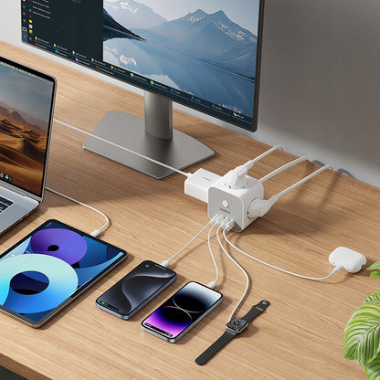 Baseus PowerCombo 7in1 elosztó, 20W, 3A, 3 x USB-A - 1 x USB-C - 3 x Schuko, Fehér E00066401213-00
