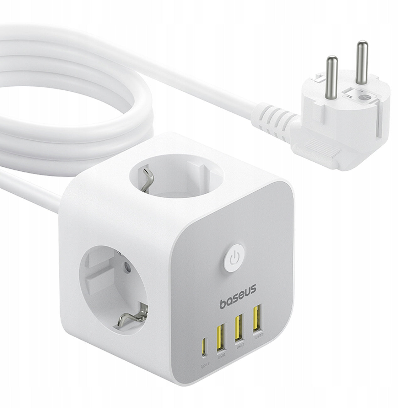 Baseus PowerCombo 7in1 elosztó, 20W, 3A, 3 x USB-A - 1 x USB-C - 3 x Schuko, Fehér E00066401213-00