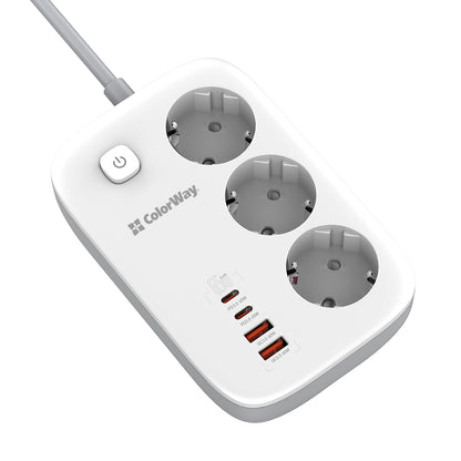 ColorWay elosztó, 3 x Schuko, Fehér