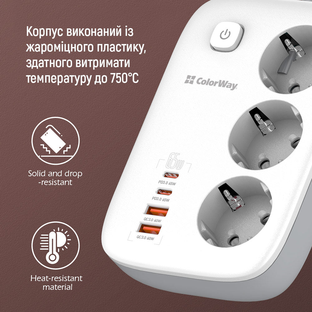 ColorWay elosztó, 3 x Schuko, Fehér