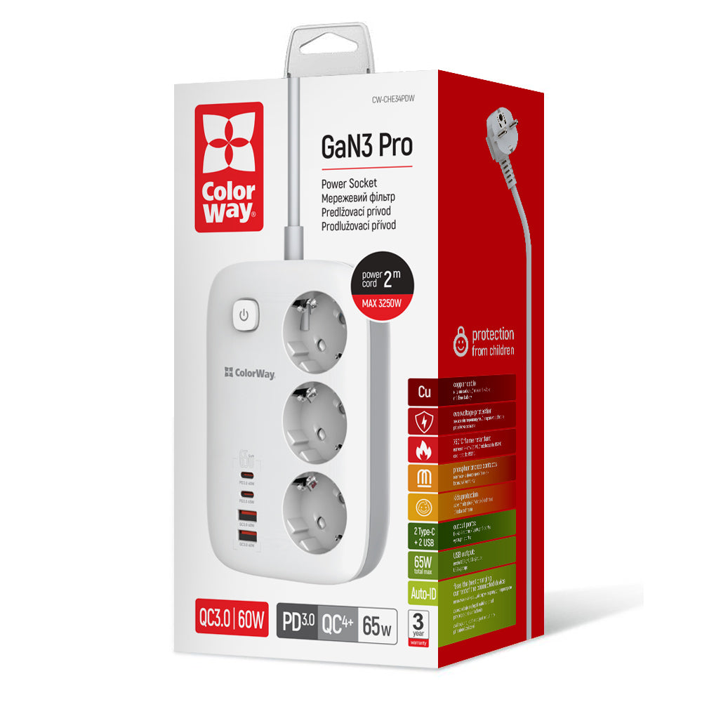 ColorWay elosztó, 3 x Schuko, Fehér