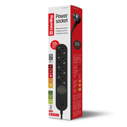 ColorWay elosztó, 4 x Schuko, Fekete