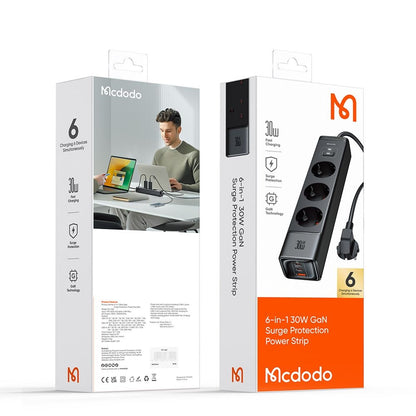 McDodo CH-0620 hosszabbító, 3 x Schuko - 1 x USB-A - 2 x USB-C, Fekete