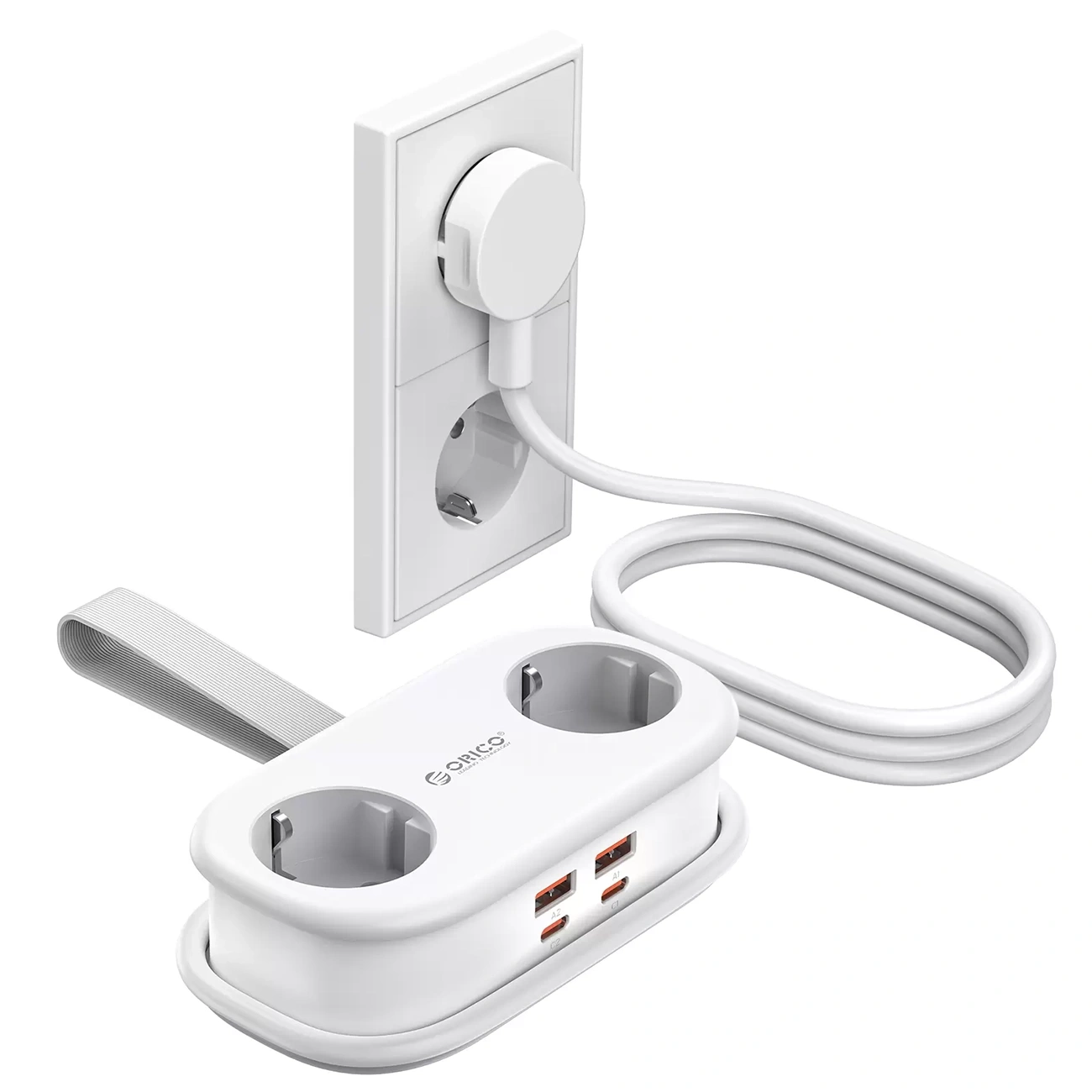 Orico AP3 hosszabbító, 2 x Schuko - 2 x USB-A - 2 x USB-C, Fehér