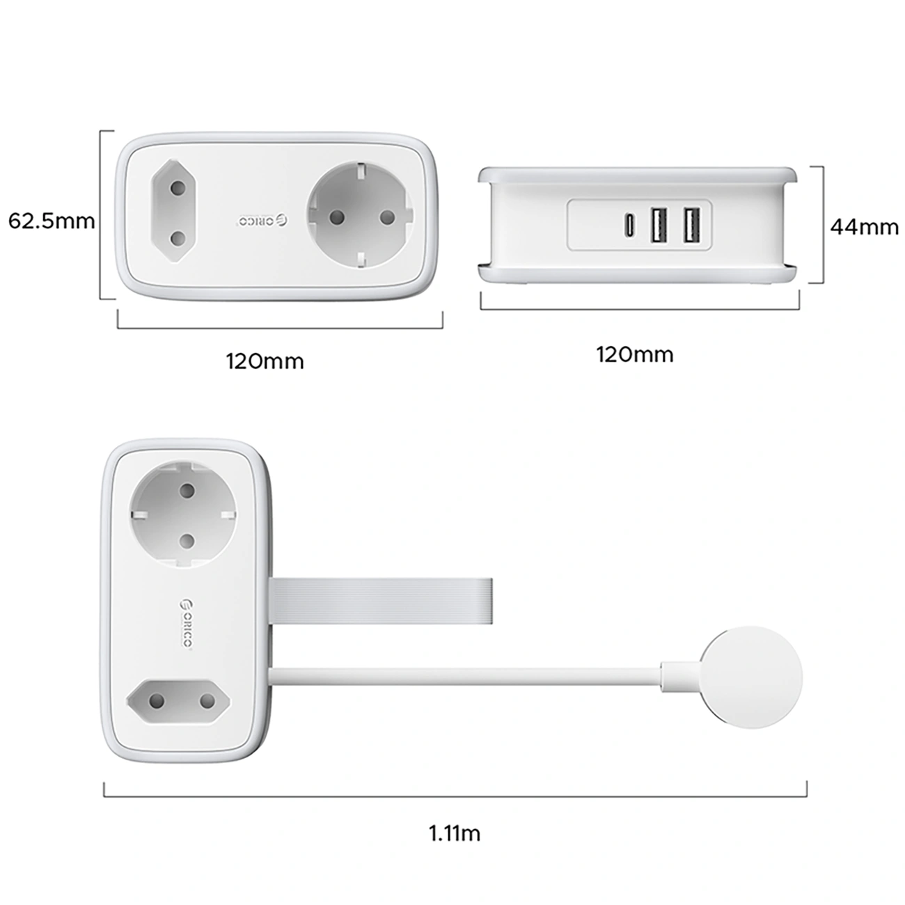 Orico APP hosszabbító, 1 x Schuko - 1 x aljzat - 2 x USB-A - 1 x USB-C, fehér szürke
