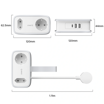Orico APP hosszabbító, 1 x Schuko - 1 x aljzat - 2 x USB-A - 1 x USB-C, fehér szürke