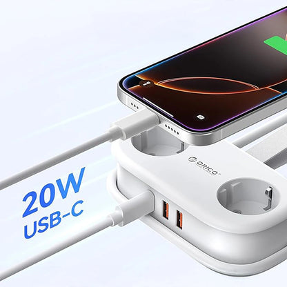 Orico APP Extension Cord, 2 x Schuko - 2 x USB-A - 1 x USB-C, White