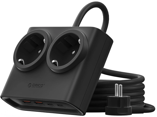 Orico PDC25 hosszabbító, 2 x Schuko - 2 x USB-A - 2 x USB-C, Fekete