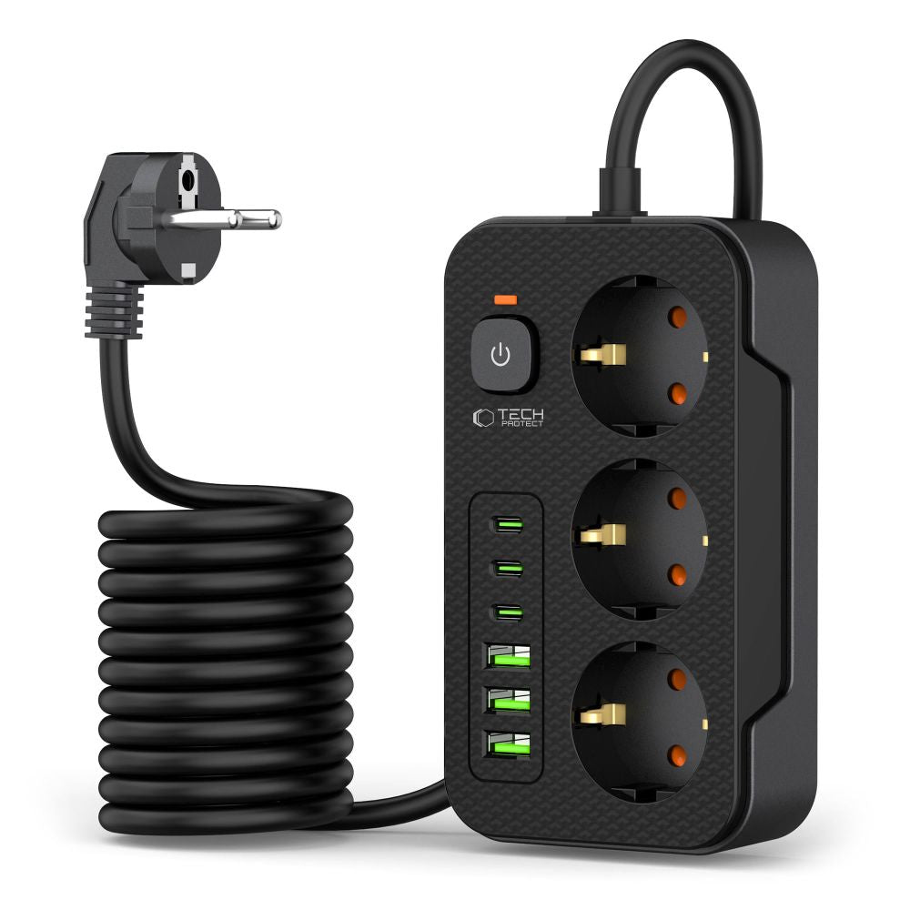 Tech-Protect PC3X6 hosszabbító, 3 x Schuko, Fekete