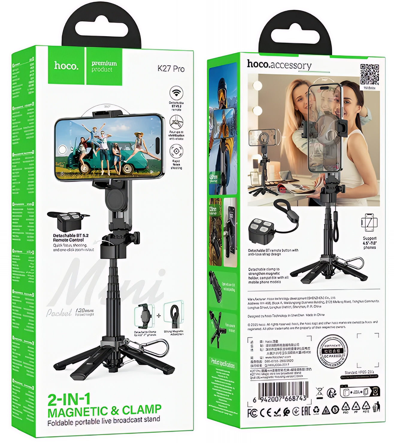 Selfie Stick Bluetooth HOCO K27 Pro, Univerzális, Fekete