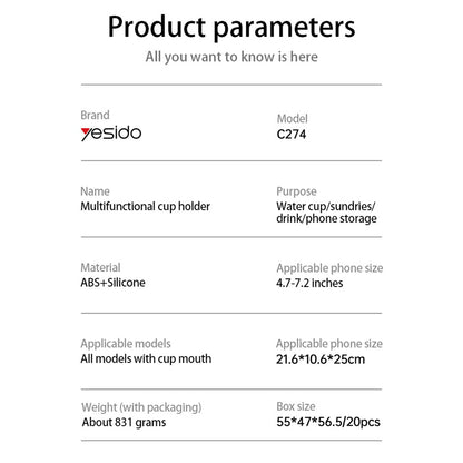 Yesido C274 autótartó, 4.7 inch - 7.2 inch, Fekete