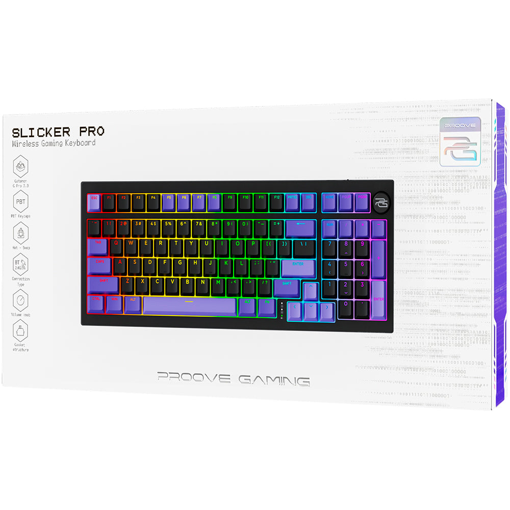 Proove Slicker Pro vezeték nélküli játékbillentyűzet, RGB, BT / Wi-Fi / Vezetékes, 1.8m, Fekete WKSLPEN22416