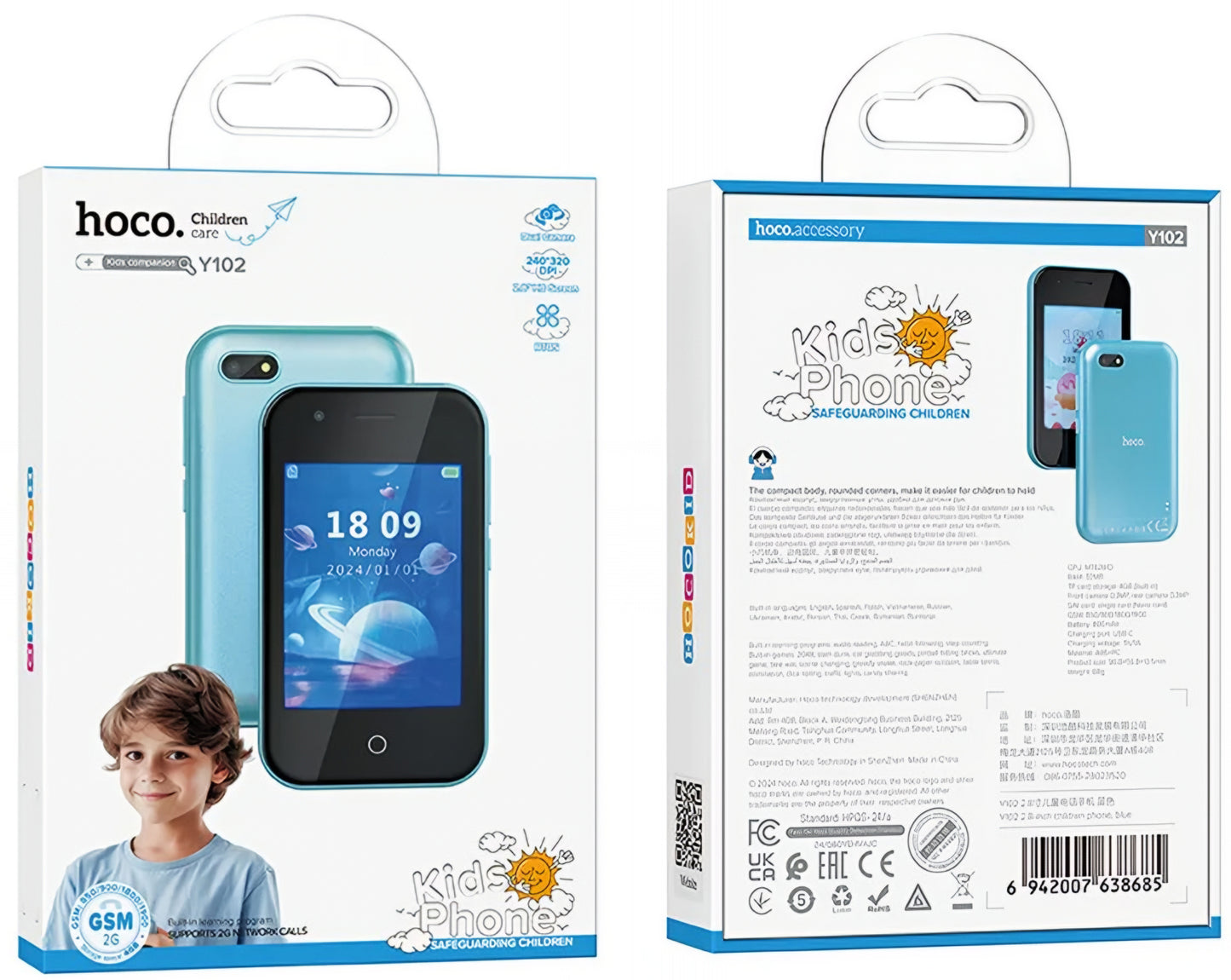 HOCO Y102 Kids Mobile Phone, 2G, 2.8inch Display, Blue